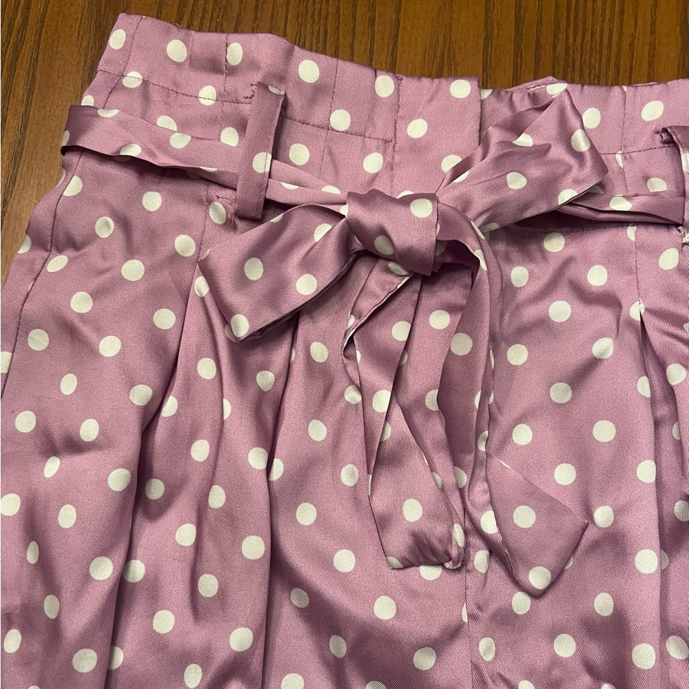 ZARA Lilac & White Polka Dot High Waisted Flowy Satin Belted Paperbag Shorts XS - Picture 11 of 16